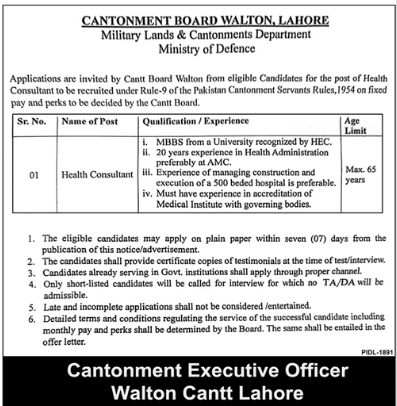 CANTONMENT BOARD WALTON, LAHORE Military Lands & Cantonments Department Ministry of Defense